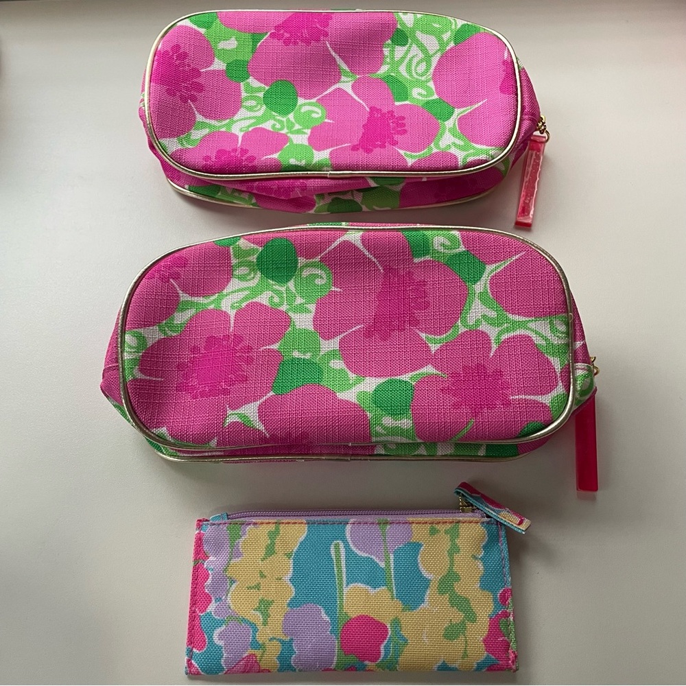 Lilly Pulitzer Estée Lauder Travel Cosmetic Bag Set Floral Pink and Green - Picture 2 of 7